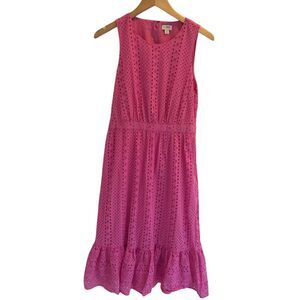 J. Crew Pink‎ Eyelet Lace Lined Midi Dress Size 6 Classic Ruffled Preppy